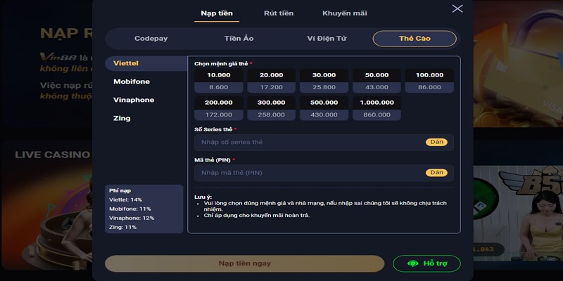 Hướng dẫn các cách nạp tiền nhanh chóng tại WINVN 3 Thẻ cào cũng là một cách nạp tiền tuyệt vời tại WINVN SA
